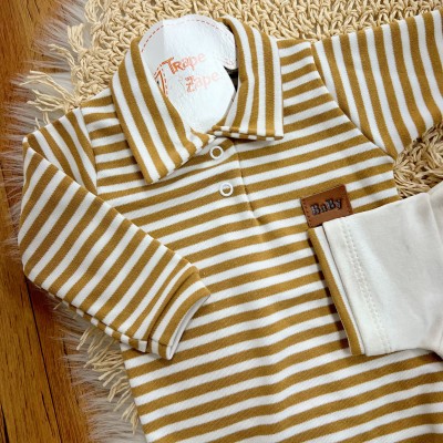 Conj. de Malha 3 peças - Bear Baby Listrado - Areia e Off White
